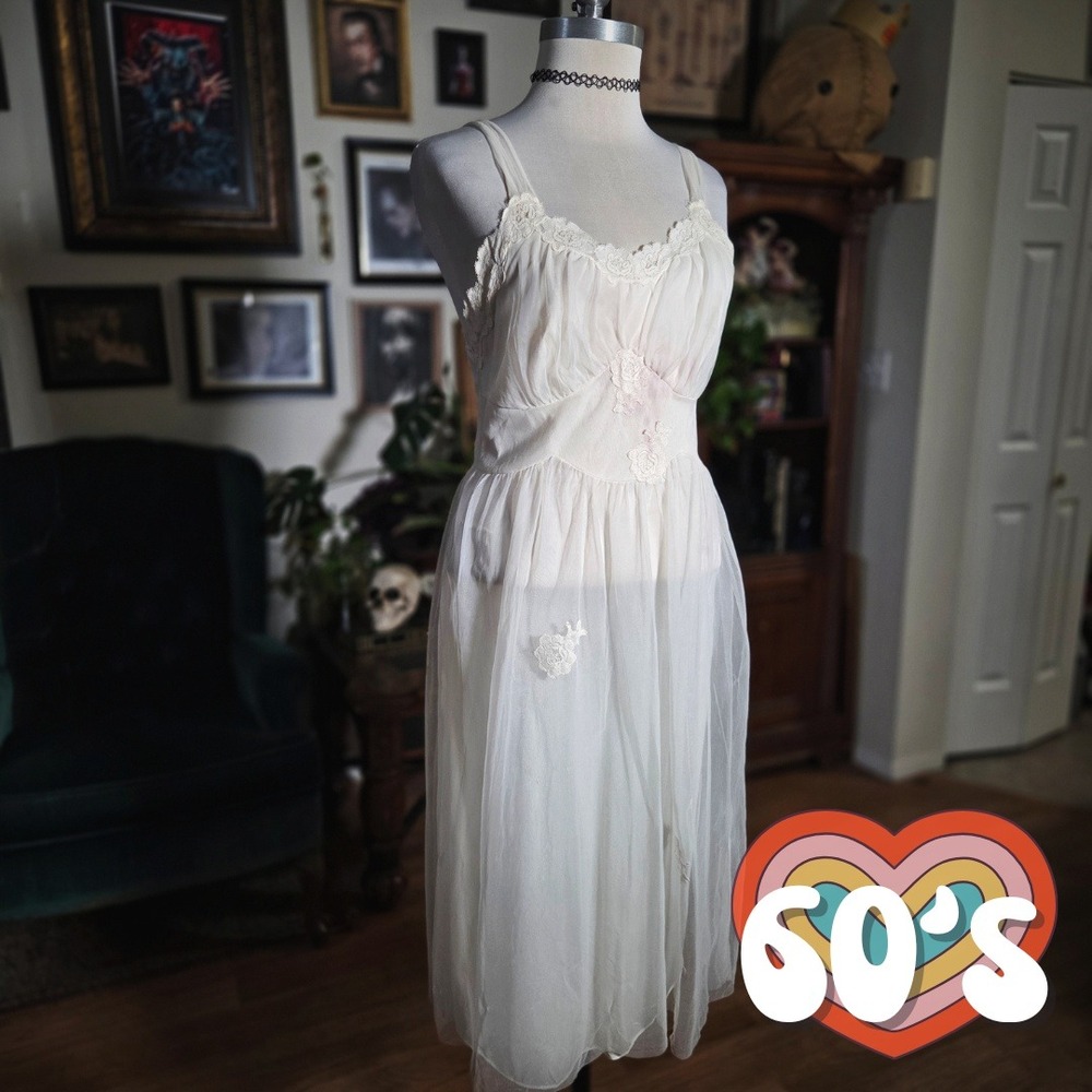 Vintage 60s Kayser White Lace Trimmed Slip Dress Sheer Nylon Midi Dress Lingerie